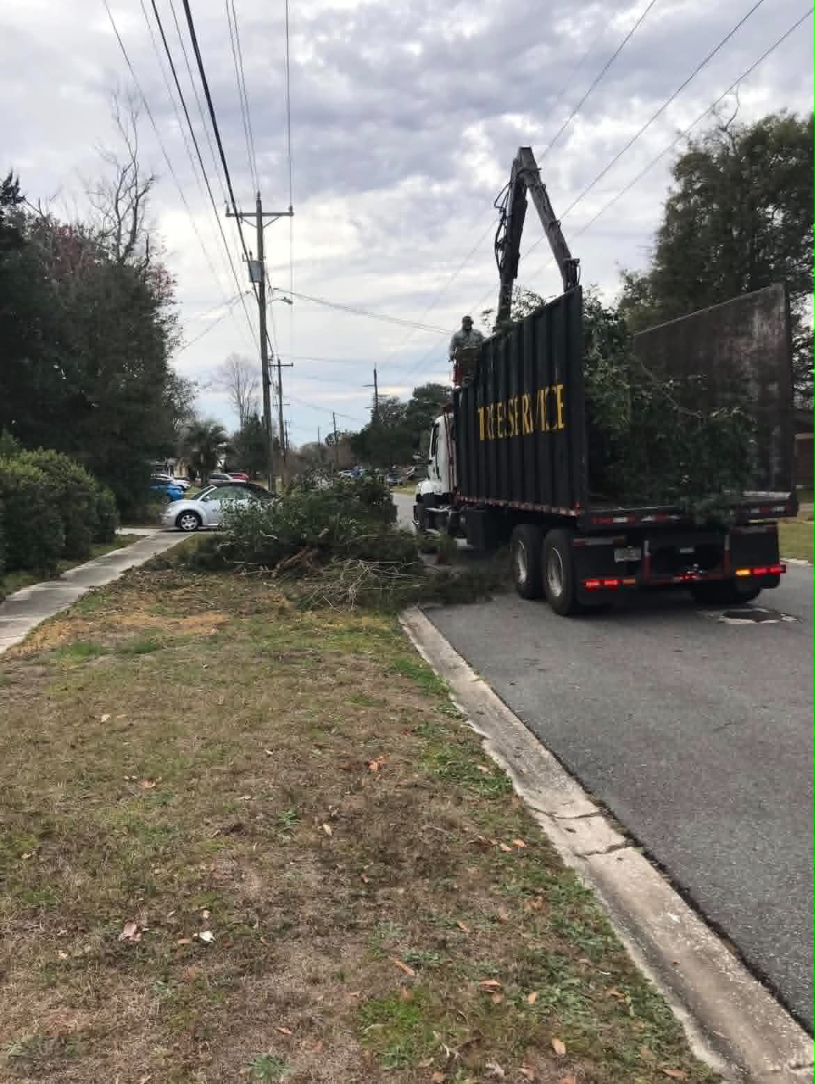 Honorable Tree Care LLC boom truck collecting tree debris on a residential street